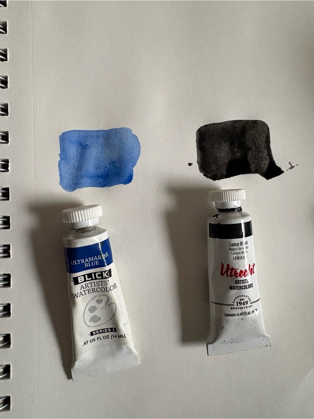 Blick Ultramarine Blue & Utrecht Lamp Black Watercolor Tubes - Blue and Black